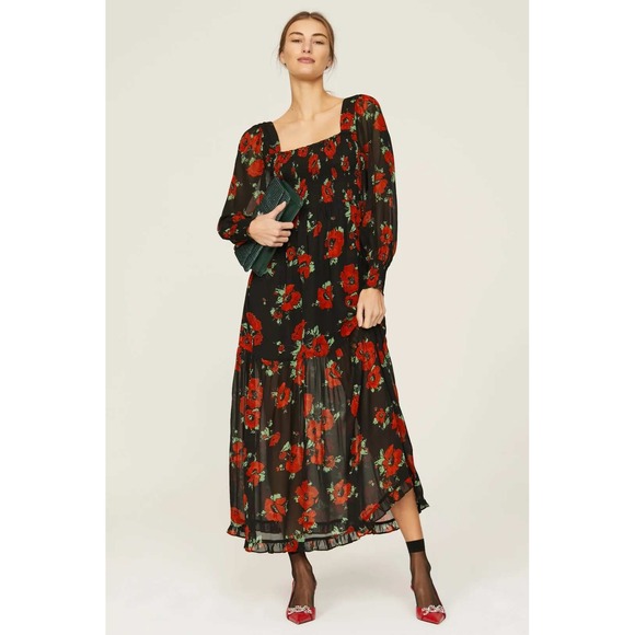 RIXO Dresses & Skirts - RIXO Yas Dress Black Red Floral Print Square Neck Long Sleeve Tiered Midi Dress